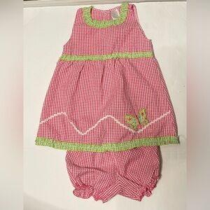 Seersucker check dress Pink,white and green bloomers butterfly embroidered 24M